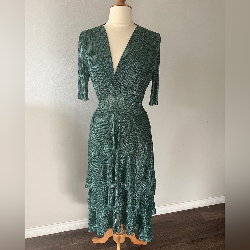 MAJE dress. Green & metallic. Pleated & Ruffle. Long V-Neck. Medium.
